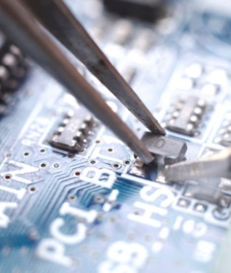 A technician soldering a component on a printed circuit board (PCB)